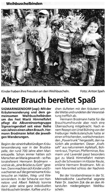Bericht in der Schwbischen Zeitung Sigmaringen  20.8.08